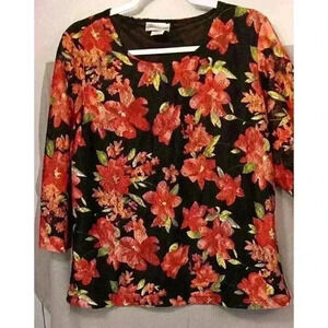 Rebecca Malone Top Size L Black/Floral Lace Top Lined‎ Stretch 3/4 Sleeve Blouse